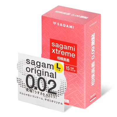 Sagami Xtreme Feel Long 15's Pack Latex Condom + Sagami Original 0.02 L-size 58mm 1's Pack PU Condom-thumb